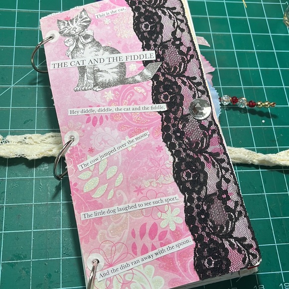 Pink "Hey Diddle Diddle" Junk Journal with Gems and Black Lace Trim - Picture 5 of 12